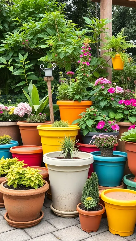 A colorful display of various flower pots filled with plants, showcasing different sizes and materials.
