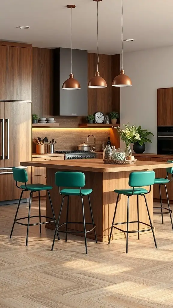 A modern kitchen with a wooden island and green stools, featuring pendant lighting.