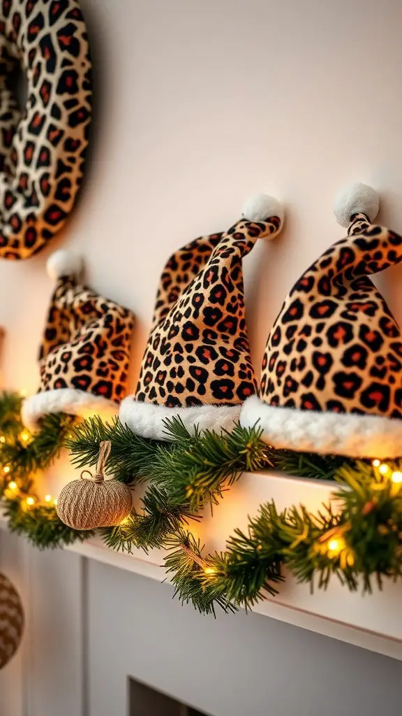29+ Stunning Leopard Christmas Decor Ideas to Elevate Your Holiday Style 10 Three leopard print Santa hats on a mantel decorated with greenery and lights.