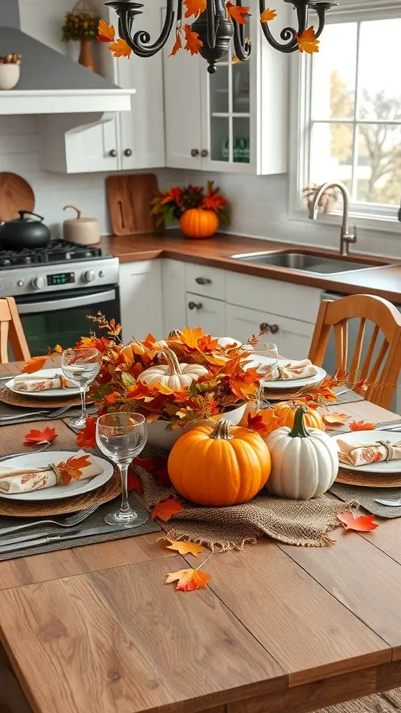 25+ Stunning Kitchen Table Decor Ideas to Elevate Your Space 8 A cozy autumn kitchen table setting with pumpkins and autumn leaves.