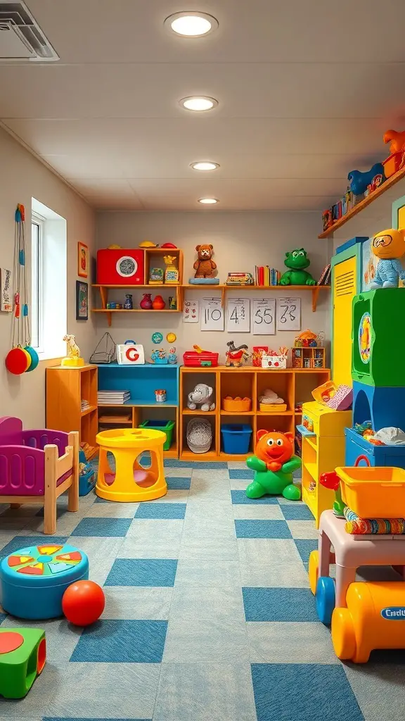 A colorful playroom for kids with toys, shelves, and soft flooring.