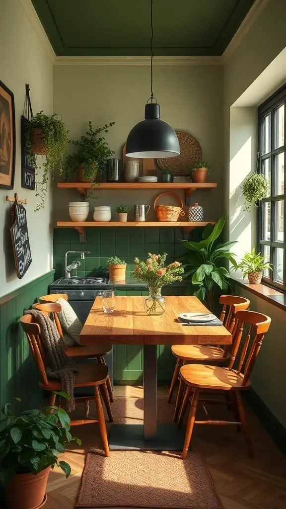 A cozy kitchen dining area featuring green walls, wooden furniture, and plants.