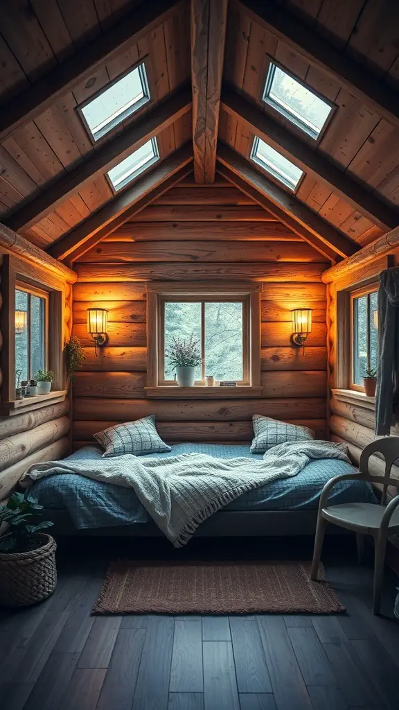 Cozy tiny cabin interior with warm lighting and wooden walls