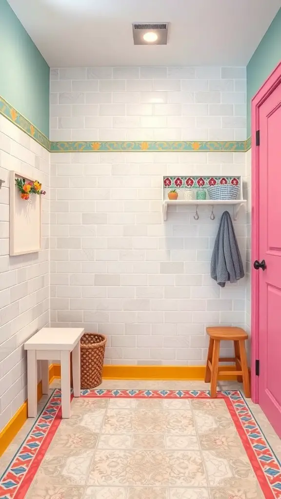 25+ Stylish Mudroom Tile Floor Ideas You’ll Love 14 A colorful mudroom featuring bright grout lines on the tile floor, with a pink door and decorative wall accents.