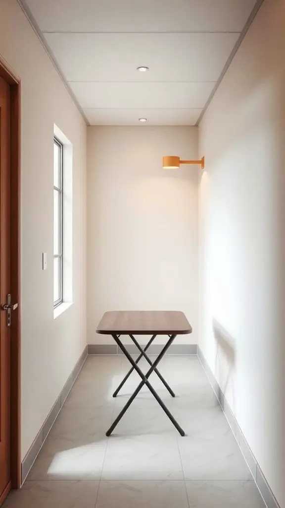 A narrow hallway featuring a folding table and a wall-mounted light.