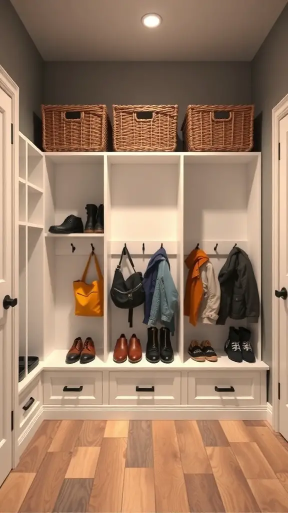 Organized mudroom lockers with shoes, bags, and jackets