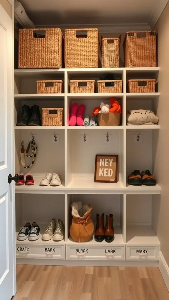 Organized mudroom closet with cubbies and baskets for family organization