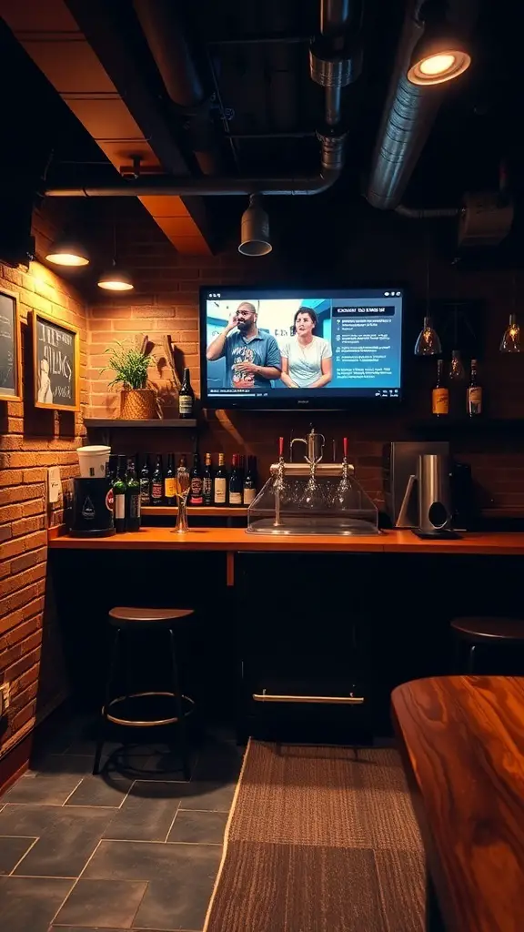 A cozy basement bar with a TV, featuring a variety of craft beers and a warm atmosphere.