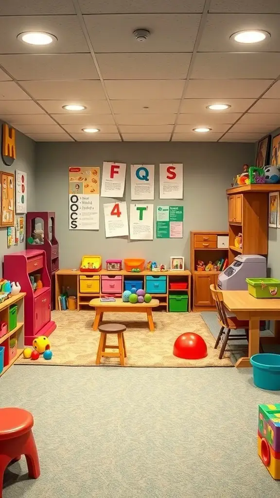 29+ Creative Basement Remodeling Ideas to Transform Your Space 2 A colorful basement playroom filled with toys, furniture, and educational posters.