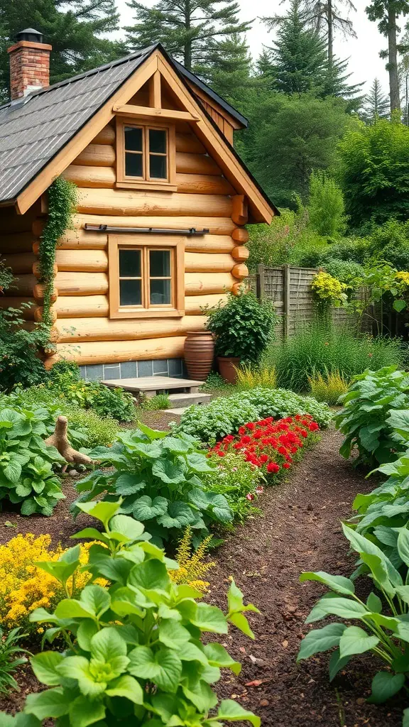 27+ Stunning Off-Grid Cabin Ideas for Your Dream Retreat 15 A log cabin surrounded by a vibrant garden with various plants and flowers.
