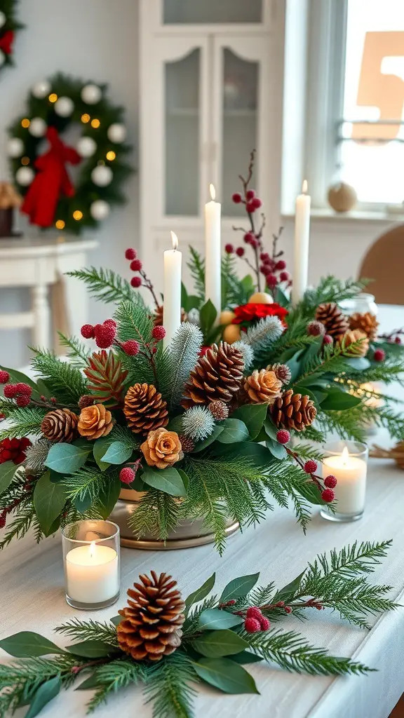 27+ Stunning Christmas Buffet Table Decor Ideas 5 A festive Christmas buffet table centerpiece featuring seasonal foliage, pinecones, and candles.
