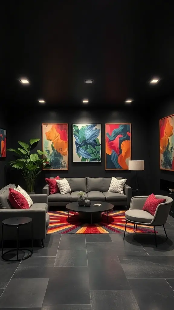 A modern basement with black walls, colorful artwork, and stylish furniture.