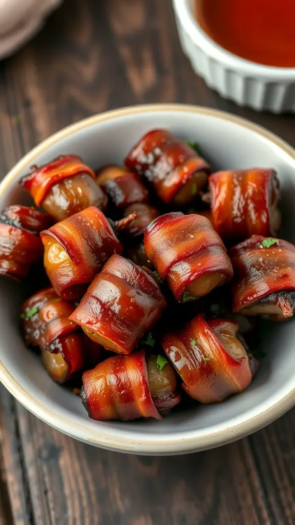 A bowl of bacon-wrapped dates, glistening and ready to be served.