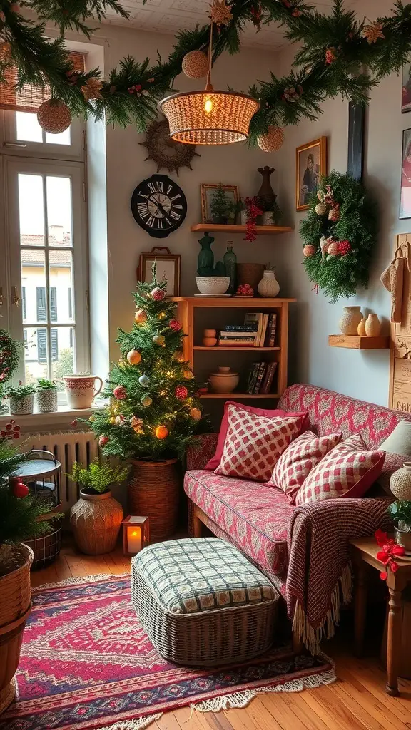 A cozy vintage-inspired Christmas corner with a small tree, red patterned sofa, and warm lighting.