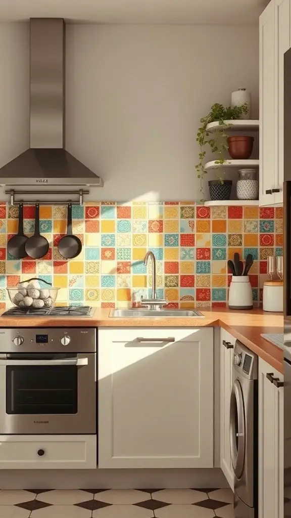 A colorful tiled backsplash in a kitchenette with modern appliances and wooden countertops.