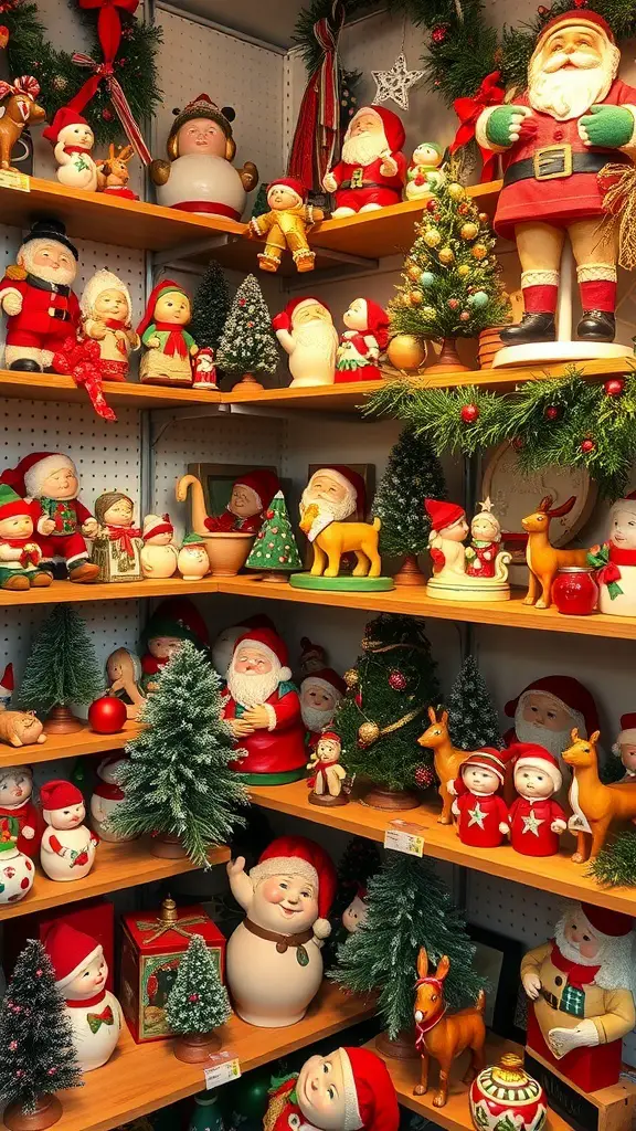 25+ Unique Christmas Boutique Ideas for Your Holiday Shopping 16 A collection of vintage Christmas collectibles including Santa figurines, elves, and Christmas trees on wooden shelves.
