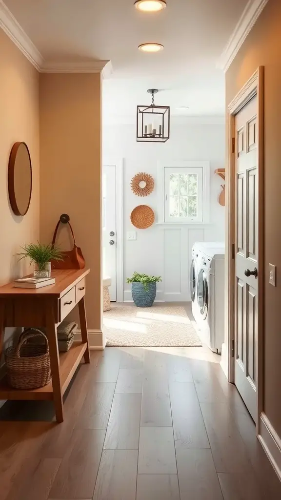 25+ Stylish Mudroom and Laundry Room Combo Ideas to Maximize Space 16 Bright entryway leading to a laundry room with a console table and decorative elements.