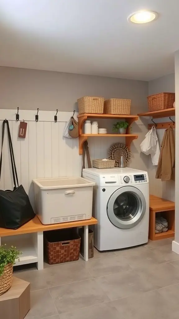 A modern basement laundry room with organized shelves, a washing machine, and storage baskets.