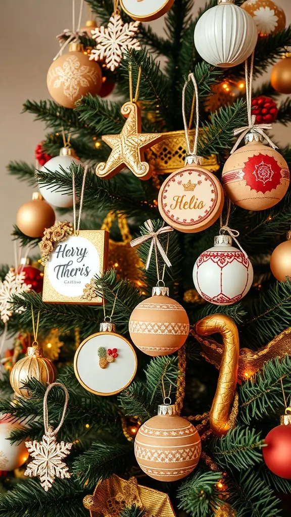 A beautifully decorated Christmas tree with personalized ornaments and warm colors.
