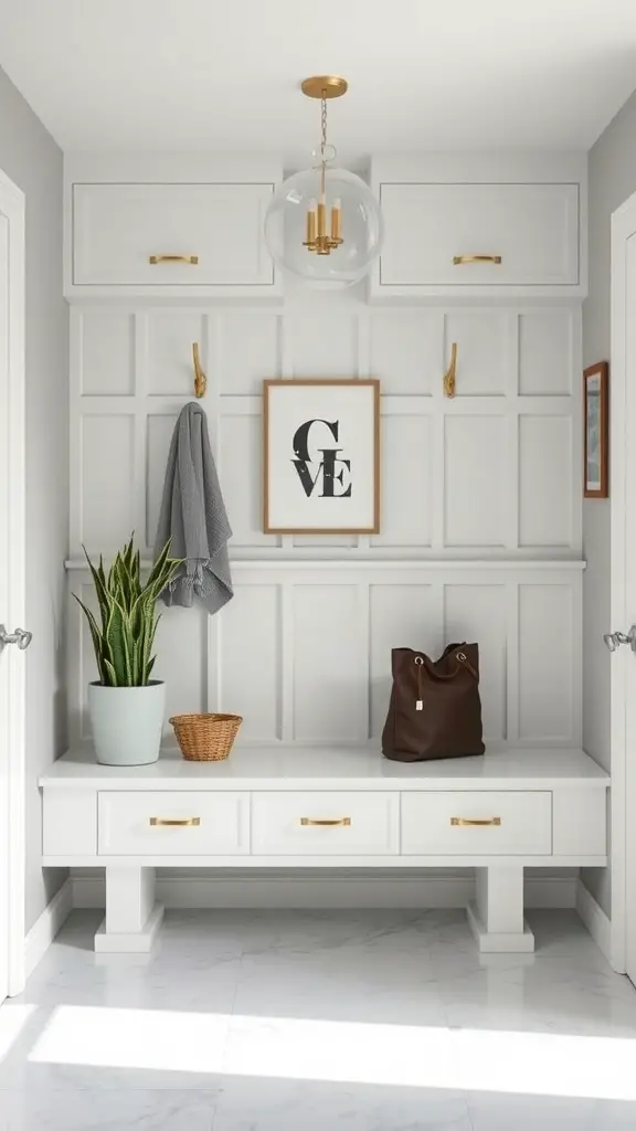 27+ Mudroom Ideas to Elevate Your Space 4 A modern minimalist mudroom with white walls, a built-in bench, storage drawers, and a potted plant.