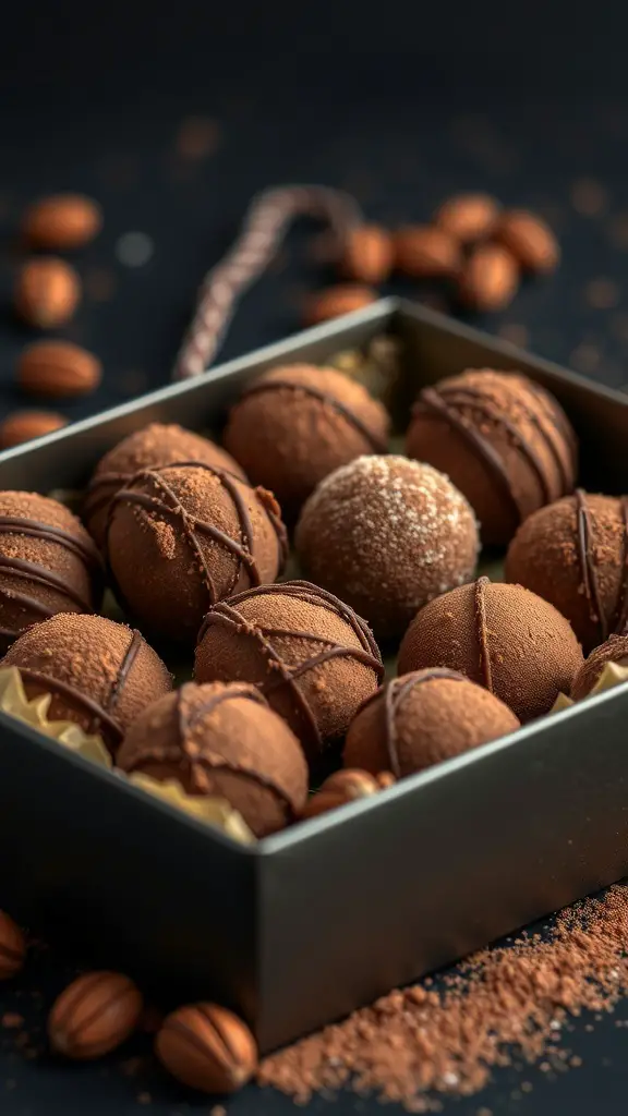 A box of chocolate hazelnut truffles, beautifully arranged with a dark background.