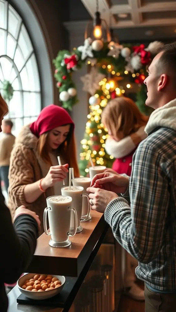 29+ Creative Hot Cocoa Bar Ideas for Cozy Gatherings 10 People enjoying an interactive hot cocoa bar with festive decorations.