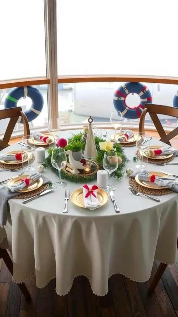 27+ Stunning Christmas Table Settings for Round Tables 14 A round Christmas table setting with a nautical theme, featuring gold plates, a greenery wreath, and colorful decorations.