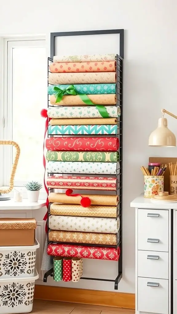A wall-mounted wrapping paper rack displaying various colorful rolls of wrapping paper.