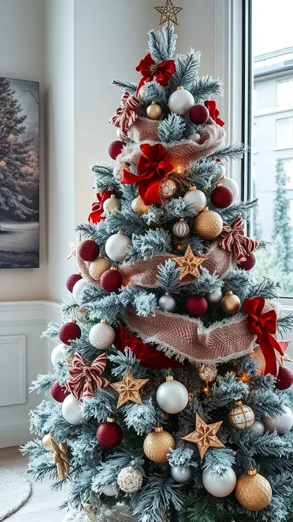 25+ Stunning Icicle Christmas Tree Ideas to Transform Your Holiday Decor 14 A beautifully decorated icicle Christmas tree with a mix of textures, featuring red and gold ornaments, burlap ribbons, and star decorations.