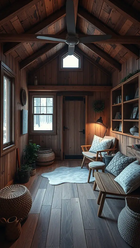 Cozy cabin interior with wooden walls, reclaimed wood flooring, and sustainable furniture.
