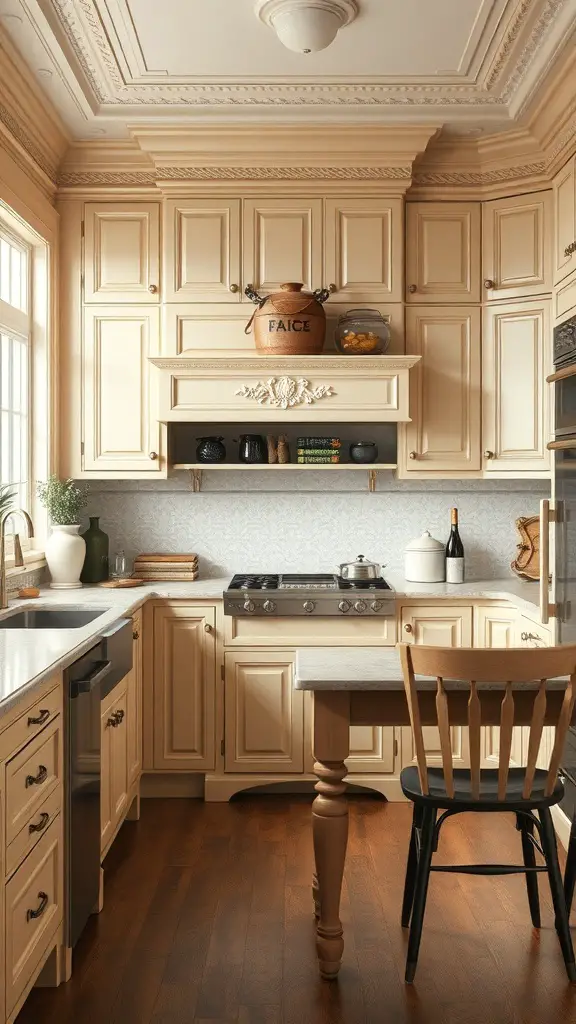 A cozy kitchen featuring classic beige cabinets, rich wood flooring, and decorative molding.