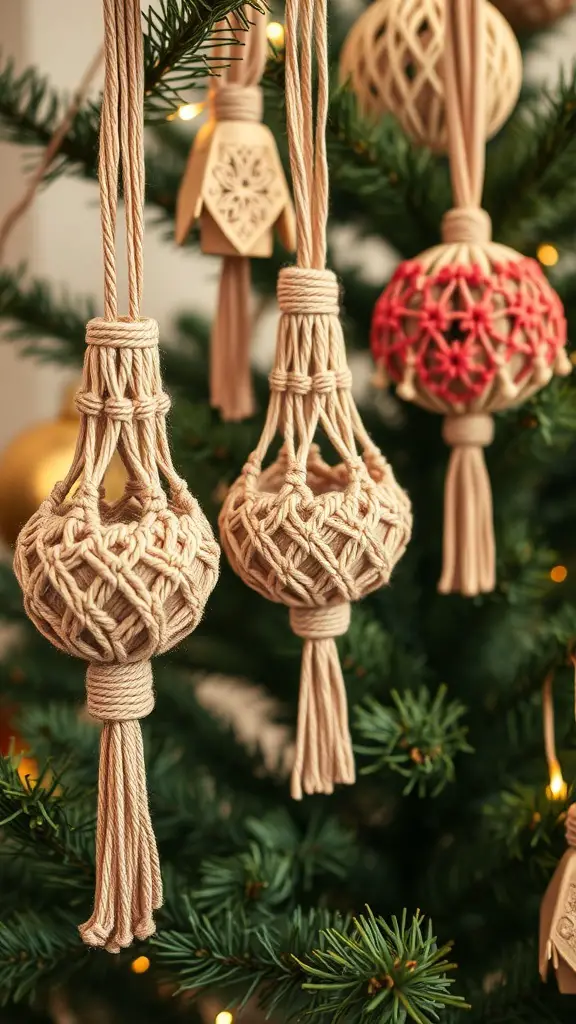 Macrame ornaments hanging from a Christmas tree, showcasing intricate designs and textures.