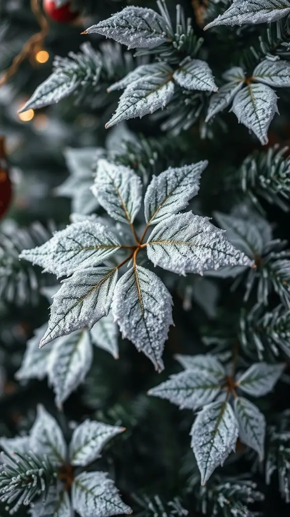 Close-up of frosted silver leaves on a Christmas tree
