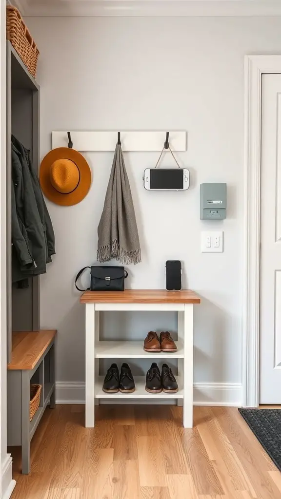 29+ Creative Mudroom Storage Ideas for a Clutter-Free Entrance 11 A well-organized mudroom with a coat rack, storage bench, and a small table for shoes and bags.