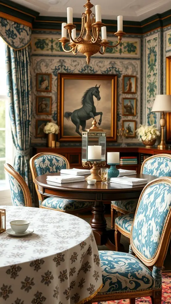 A stylish dining room featuring patterned chairs, a chandelier, and artwork.