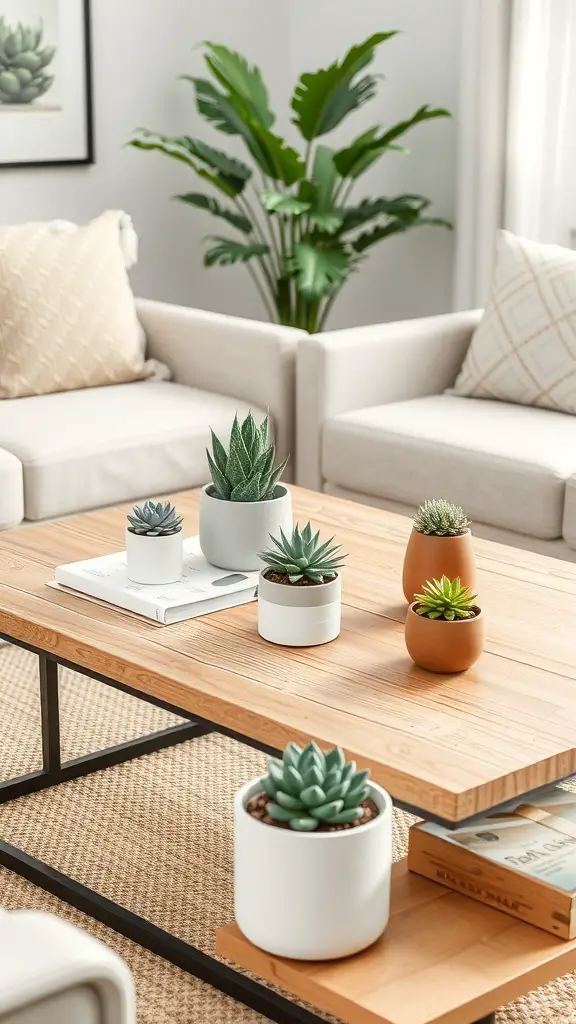 A minimalist coffee table decorated with various succulents in simple pots.