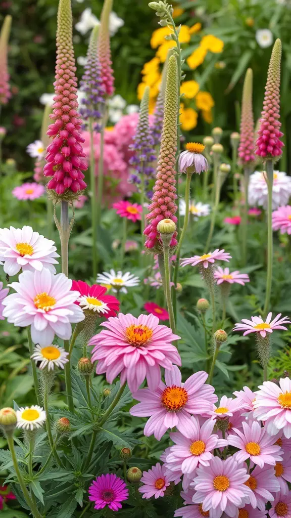 A colorful display of flowers including daisies and lupines in a cottage garden.