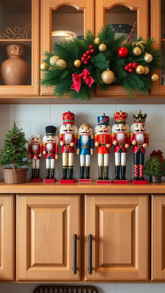 29+ Creative Christmas Decor Ideas for Above Kitchen Cabinets 9 A festive display of colorful nutcracker figures on a kitchen cabinet, adorned with a garland and ornaments.