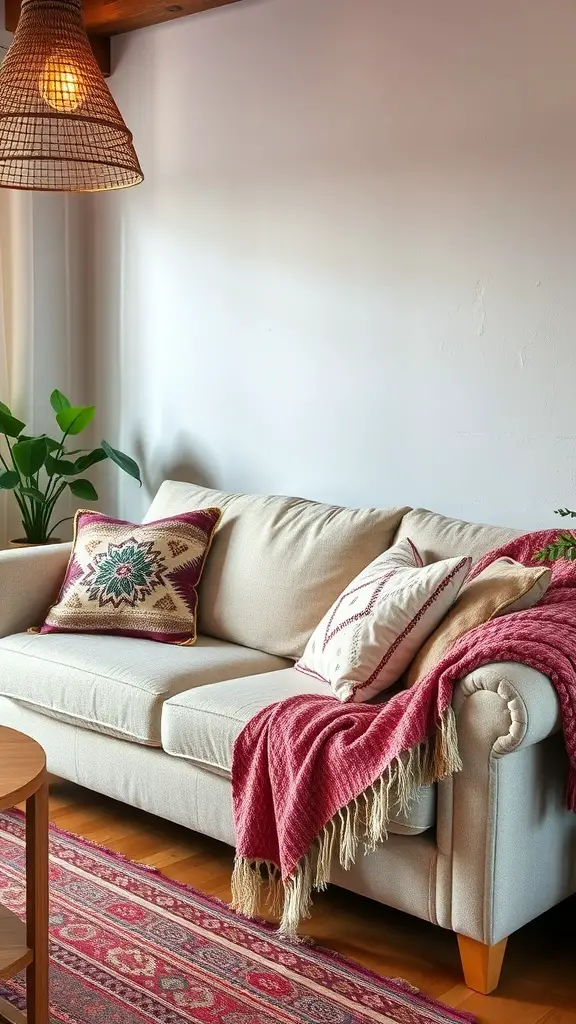 A cozy living room featuring a neutral sofa with colorful throw pillows and a textured blanket.