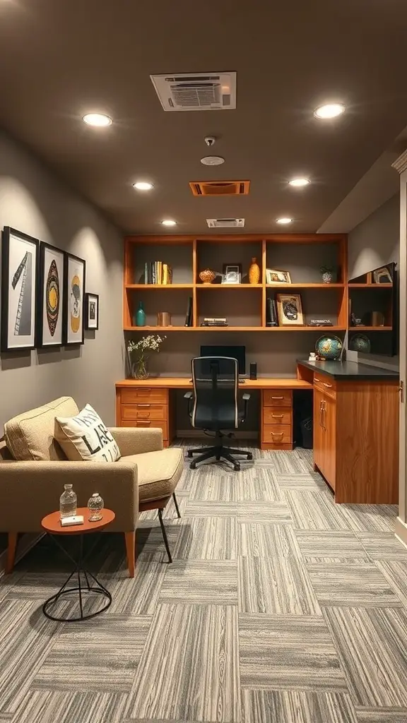 27+ Inspiring Basement Office Ideas for Ultimate Productivity 13 A stylish basement office with modern decor and patterned flooring