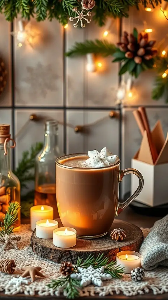 29+ Creative Hot Cocoa Bar Ideas for Cozy Gatherings 12 A cozy hot cocoa bar setup with a mug of cocoa, candles, and festive decorations.