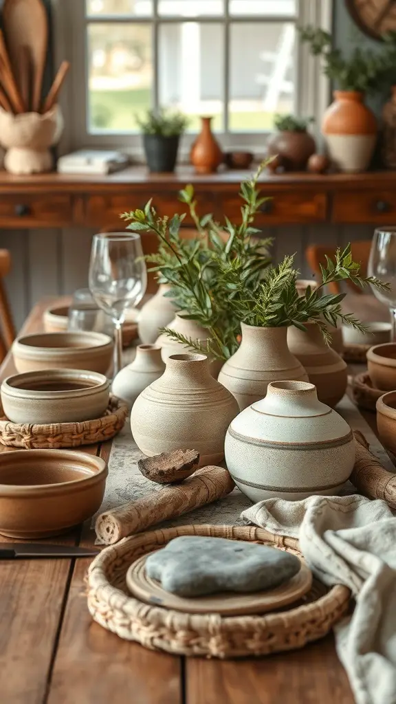 23+ Stunning Dining Table Centerpiece Ideas 16 A beautifully arranged dining table featuring artisan pottery and natural elements.