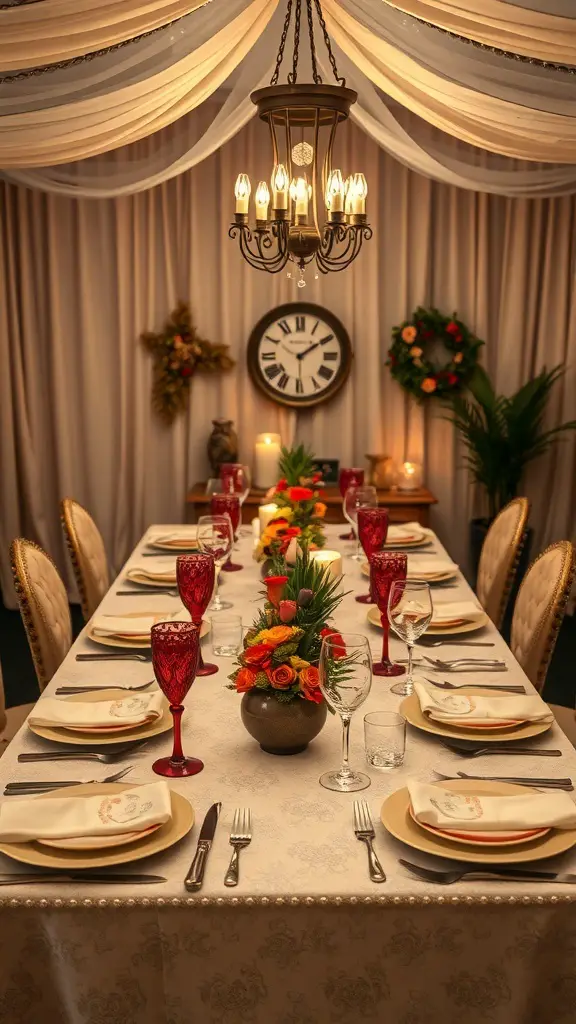 29+ Stunning Dining Room Table Decor Ideas 16 A beautifully set dining table with elegant decor, featuring red goblets, floral centerpiece, and soft lighting.