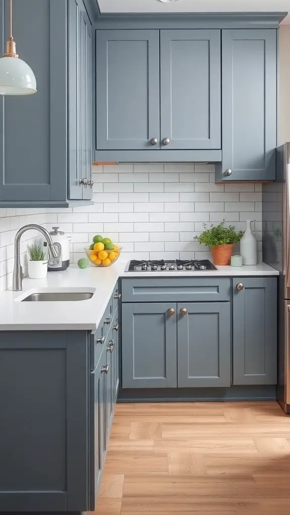 29+ Stunning Blue Gray Kitchen Cabinets to Transform Your Space 4 A kitchen with blue gray cabinets, white subway tile backsplash, and light countertops.