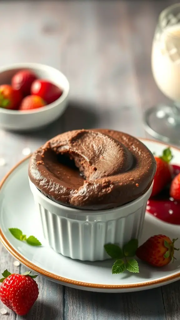 25+ Irresistible Chocolate Desserts You Must Try 6 Chocolate soufflé in a ramekin with a bite taken out, surrounded by fresh strawberries and berry sauce.