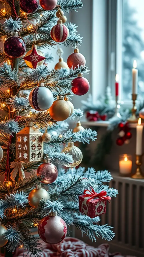 A beautifully decorated Christmas tree with vintage glass ornaments in various colors and shapes.