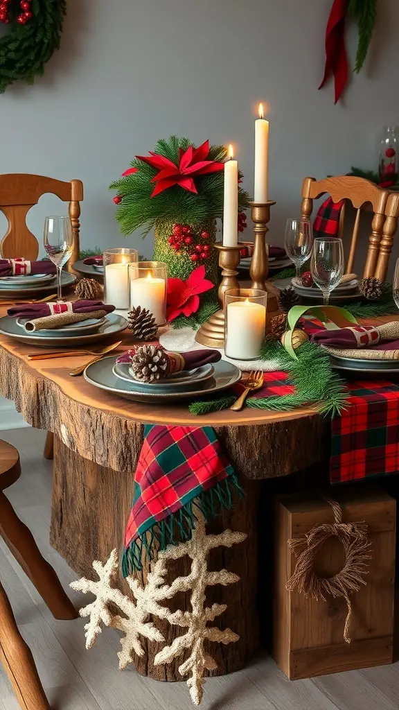 27+ Festive Tartan Christmas Decorations to Elevate Your Holiday Decor 4 A festive table setting with a bark-edged table, tartan decorations, candles, and a floral centerpiece.