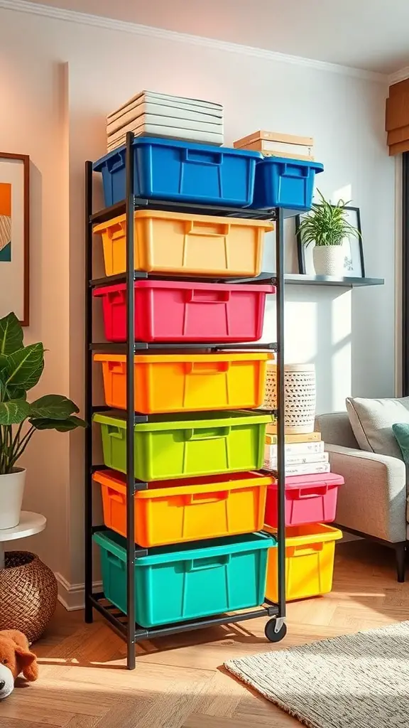 Colorful stackable tote storage system with various bins