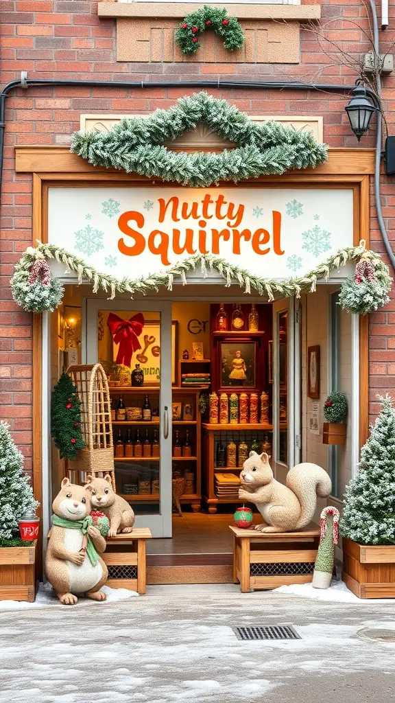 31+ Stunning Storefront Christmas Displays to Get You in the Holiday Spirit 13 A festive storefront of Nutty Squirrel with squirrel statues and holiday decorations.