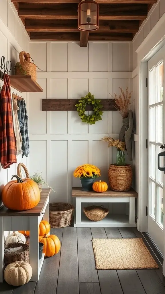 A cozy farmhouse mudroom decorated for autumn with pumpkins, sunflowers, and rustic elements.